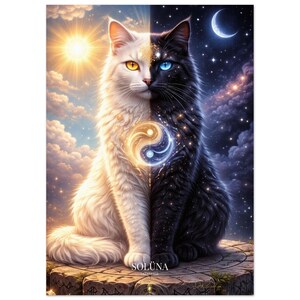 Puede incluir: Una impresión de arte digital que representa un gato dividido en dos mitades: blanco con un sol y negro con una luna. Un símbolo yin-yang brillante divide las mitades del gato. La impresión incluye el texto "SOLUNA Universe".