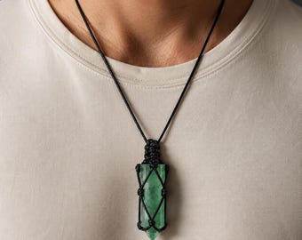 Men's Green Fluorite Point Necklace, Adjustable Black Cord Crystal Pendant, Unisex Jewelry