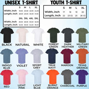 May include: A variety of unisex and youth t-shirts in various colors, including black, white, and navy. The image displays size charts with measurements in inches for both adult and youth sizes. The shirts are available in sizes S to 5XL.
