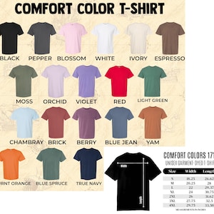May include: A display of Comfort Colors 1717 unisex garment-dyed t-shirts in various colors, including black, white, and red. A black t-shirt is shown with width and length measurements in inches. The text "COMFORT COLOR T-SHIRT" is at the top.