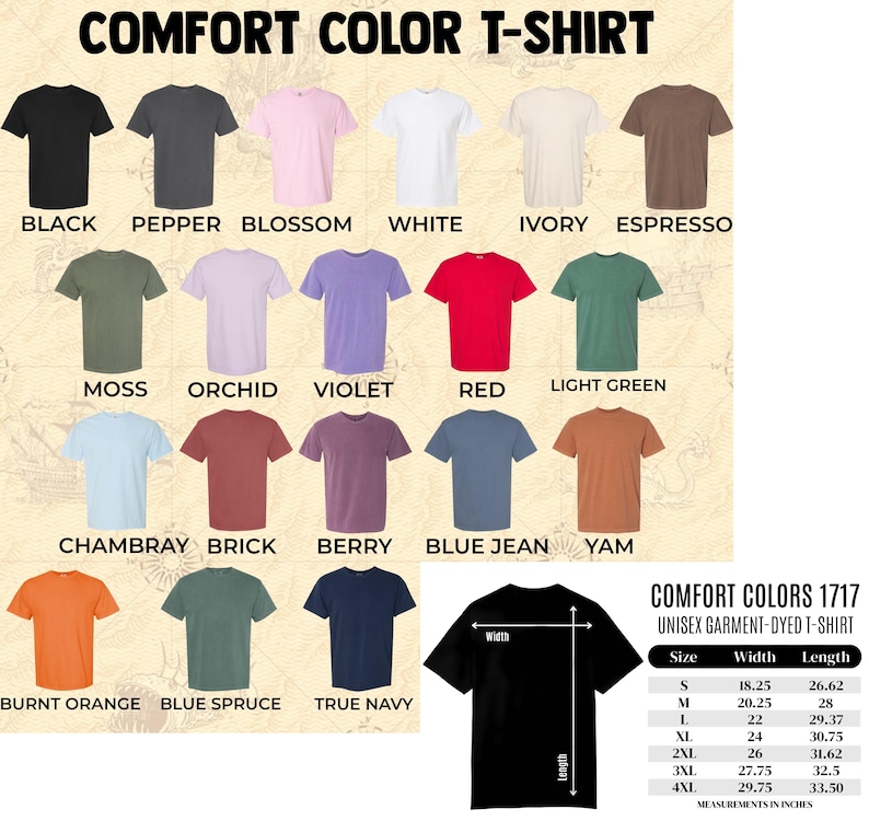 May include: A display of Comfort Colors 1717 unisex garment-dyed t-shirts in various colors, including black, white, and red. A black t-shirt is shown with width and length measurements in inches. The text "COMFORT COLOR T-SHIRT" is at the top.