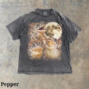 May include: A charcoal grey short-sleeve t-shirt featuring a graphic print of three toads positioned beneath a large, textured full moon. The shirt has a faded, washed-out appearance with a crew neckline and a standard straight hemline.