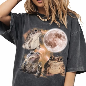 Può includere: Una t-shirt a maniche corte grigio antracite con una stampa grafica di tre rospi testurizzati disposti attorno a una grande luna piena luminosa. Lo sfondo della stampa include nuvole nebulose arancioni e marroni e piccole stelle.