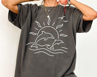 Dolphin Beach Shirt, Line Art Ocean Wave Tee, Summer Coastal Sun Top