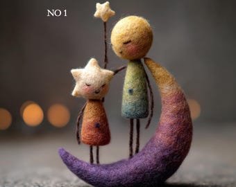 Needle-felted craft "Mother Moon and Baby Star," wool art, Mother's Day gift, felt moon, felt star, fairy-tale moon ornament, Christmas gift
