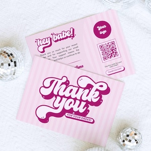 May include: Pink thank you cards with a retro font that reads "Thank You" and "For Your Order!" The cards have a striped background and the words "hey babe!" are also visible. The cards are surrounded by disco balls.