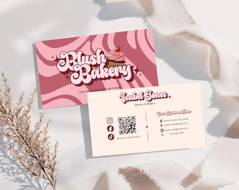 Tarjeta de presentación rosa estilo retro para panadería, tarjeta de presentación de inspiración vintage con código QR, tarjeta de marca moderna para panadería, logotipo editable en plantilla de Canva.