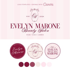Puede incluir: Un conjunto de plantillas de logotipo digital con el texto Evelyn Marone Beauty Salon Hair Nails Lashes y un emblema de monograma ovalado. El diseño utiliza una paleta de colores granate oscuro y rosa claro con fondos a rayas.