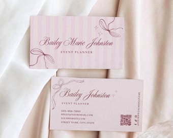 Girly Coquette Visitenkarte Canva Vorlage, Luxus Bogen Small Visitenkarte Design, bearbeitbare Visitenkarte mit QR Code