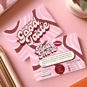 Retro Pink Thank You Cards, Groovy Vintage Packaging Insert, Girly Packaging Card, Discount Code Card Editable Canva Template