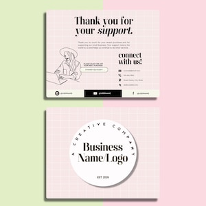 May include: Two-part graphic design with a pink grid background. The top section reads "Thank you for your support" with a line drawing of a person. The bottom section features a circular logo with "Business Name/Logo".