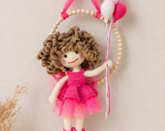 Handmade Crochet Doll Wall Decor, Pink Amigurumi Ballerina, Nursery Girl Room Art