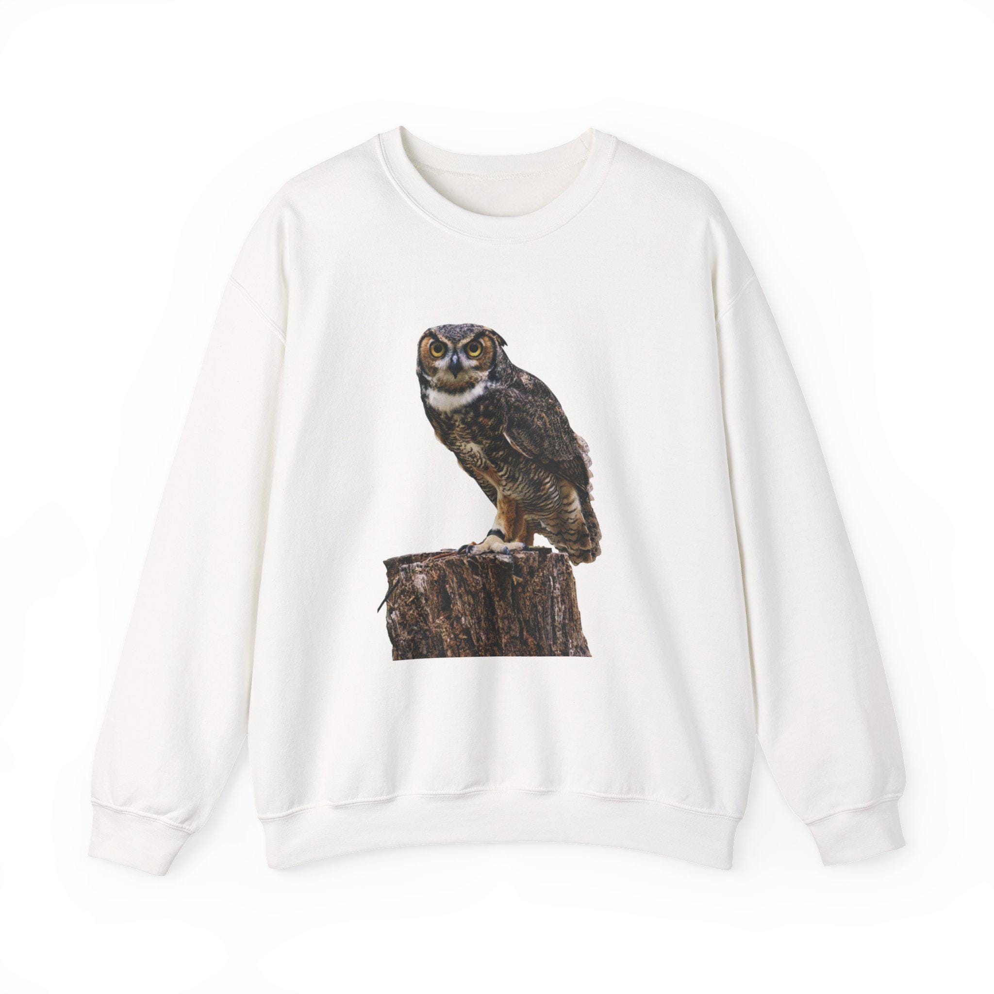 Horned Owl Tree Stump Sweatshirt | Wildlife Bird Illustration, Woodland Apparel