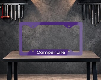 Camper Life, Custom License Plate Frame, Personalized Car Tag Frame, Metal Plate Frame, Car Decor Gift, Car Accessories