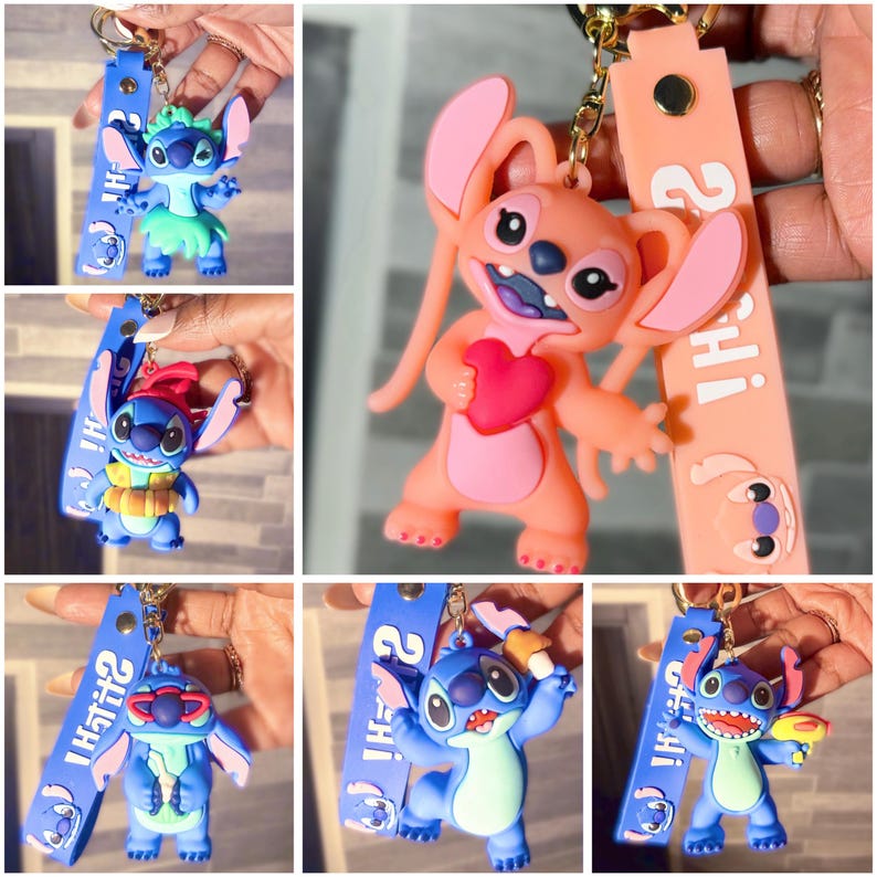 May include: Collection of colorful Stitch character keychains. Each keychain features a different pose and accessory, including sunglasses, a water gun, and a lei. The keychains are attached to blue or peach straps with the word "Stitch" printed on them.