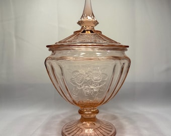 Anchor Hocking Depression Glass Candy Bowl W/LID - Mayfair “Open Rose” in Pink