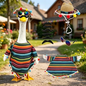 May include: A white goose figurine wearing a colorful striped poncho with pom-poms, a straw hat with pom-poms, round sunglasses, and a black mustache. The set includes an extra poncho, a straw hat, round sunglasses, and five black mustaches.