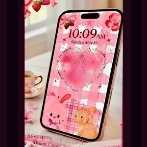 Pink Coquette Bunny Phone Wallpaper, Heart Ribbon Lockscreen (Digital Download)