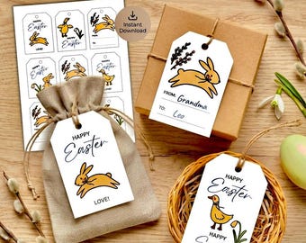 Printable Easter Gift Tags, Hand-Drawn Bunny Duck Designs (Digital Download)