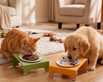 Ergonomic Ceramic Pet Bowl Set with Elevated Stand, Anti Vomiting Tilted Cat Food Dish, Raised Puppy Feeder, Cute Non Slip Whisker Fatigue