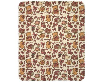 Manta de forro polar Sherpa con estampado de ositos de peluche y lazos para fiesta de té.