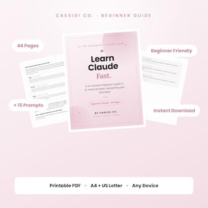May include: A digital guide titled Learn Claude Fast by Cassidi Co. The pink cover features the text A no-nonsense beginner's guide to AI, smart prompts, and getting your time back. The guide includes 44 pages, 15 prompts, and is a printable PDF.