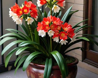 Clivia Pomarańczowo-Biała, Opakowanie 2 Cebulek | Dwukolorowa Clivia Lily, Roślina Kwiatowa do Domu i Ogrodu Kuchennego | Roślina Dekoracyjna do Wnętrz, Cienia, Łatwa w Uprawie