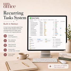 May include: A computer monitor displaying a Notion recurring tasks system dashboard with a task list, board, and calendar view. Beside the monitor are a beige coffee mug, a spiral-bound notebook with a gold pen, and a stack of books with a small plant.