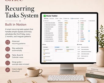 Modelo de Tarefas Recorrentes no Notion | Gerenciador de Tarefas, Controle de Tempo, Acompanhamento de Projetos, Planejador de Listas de Afazeres