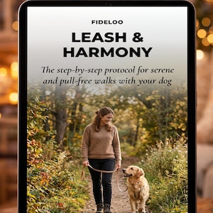 Könnte beinhalten: Ein digitales Tablet zeigt den Text „LEASH & HARMONY“ mit dem Slogan „Das Schritt-für-Schritt-Protokoll für ruhige und zugfreie Spaziergänge mit Ihrem Hund“. Das Bild zeigt eine Person, die einen Golden Retriever an der Leine auf einem Waldweg spazieren führt. Das Tablet ist mit „TRAINING COLLECTION“ beschriftet.