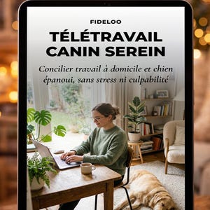 Może przedstawiać: Tablet wyświetla tekst "TÉLÉTRAVAIL CANIN SEREIN" pogrubioną czcionką, z hasłem "Concilier travail à domicile et chien épanoui, sans stress ni culpabilité." Kobieta pracuje na laptopie, a na podłodze leży pies.