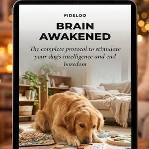 May include: A tablet displays the text "BRAIN AWAKENED" and "The complete protocol to stimulate your dog's intelligence and end boredom." A golden retriever interacts with a wooden puzzle on a rug. The background shows a living room setting.
