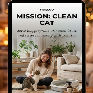 May include: A tablet displays the text "MISSION: CLEAN CAT" and "Solve inappropriate urination issues and restore harmony with your cat." The image shows a woman petting a cat, with a litter box and cleaning supplies visible.