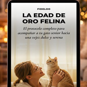 May include: A tablet displays the title "LA EDAD DE ORO FELINA" in large text, with the subtitle "El protocolo completo para acompañar a tu gato senior hacia una vejez dulce y serena." A woman holds a tabby cat. The tablet is labeled "COLECCIÓN COMPORTAMIENTO."