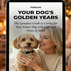 Può includere: Un tablet mostra la copertina del libro "YOUR DOG'S GOLDEN YEARS", con un cane anziano e una donna. Il libro è una guida completa per la cura dei cani anziani. Sono presenti anche i loghi "FIDELOO" e "BEHAVIOR COLLECTION".