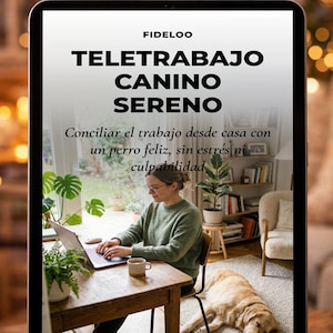 May include: A digital tablet displays a book cover with the title "TELETRABAJO CANINO SERENO" in bold letters. The image shows a person working on a laptop at a wooden table, with a dog lying on the floor. The text reads "Conciliar el trabajo desde casa con un perro feliz, sin estrés ni culpabilidad."