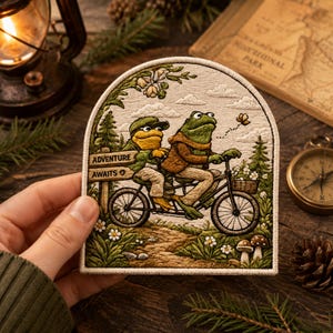 May include: An embroidered patch with an arched top featuring two frogs riding a tandem bicycle through a forest. The scene includes a wooden signpost with the text ADVENTURE AWAITS, a small basket on the handlebars, mushrooms, and a butterfly.