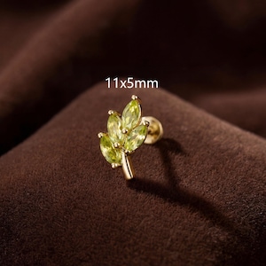14K Gold Sterling Silver Natural Peridot Marquise Leaf Threaded Earring • Tragus Stud • Helix Earring • Cartilage Stud • Nose Stud