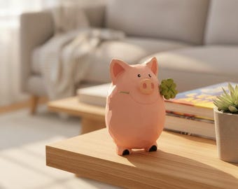 Lucky Pig Wood Carving - Four Leaf Clover Blessing - Handcrafted Cute Desktop Decor - Perfect Gift for Good Fortune