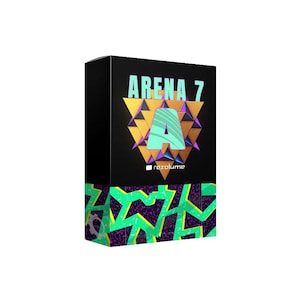 Può includere: Una scatola nera con la scritta "ARENA 7" in turchese e oro, con una grande "A" turchese al centro. La parte inferiore della scatola presenta un motivo geometrico verde e viola. Il logo "resolume" è in basso.