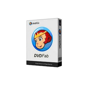 May include: A white rectangular box with the text "DVDFab" in bold black letters. The box features a blue circle with a cartoon monkey wearing a crown. The box has a black base and the text "Fengtao Software Inc All Rights Reserved".