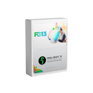 Könnte beinhalten: Eine weiße Box mit dem grünen Text "FO13" und einem Bild einer Frau, die einen Laptop benutzt. Darunter steht "FINAL DRAFT 13" mit dem Slogan "It all starts with the script."