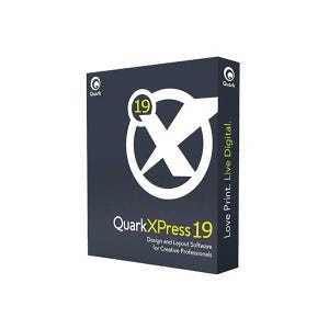Può includere: Una scatola blu navy scuro del software di progettazione e layout QuarkXPress 19. La scatola presenta una grande grafica bianca con il numero 19 in un cerchio giallo. Il testo "Love Print. Live Digital." è stampato verticalmente sul lato.