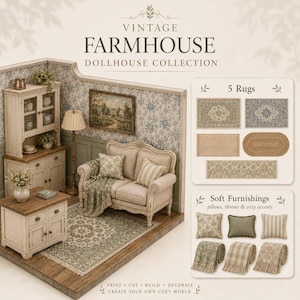 Shabby chic 1:12 room vignette, miniature bed and cupboard, soft floral wallpaper, printable decor