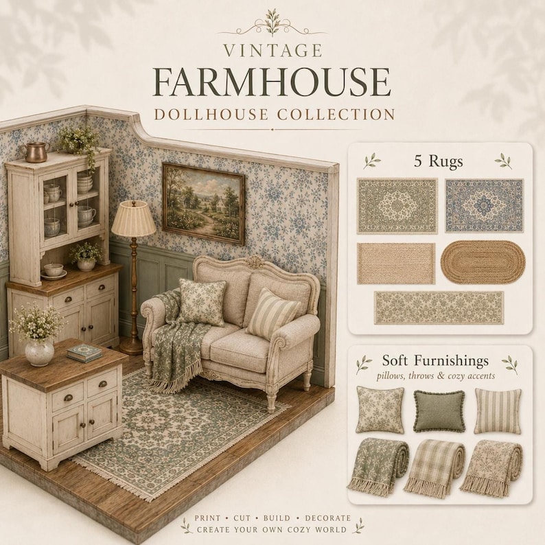 Shabby chic 1:12 room vignette, miniature bed and cupboard, soft floral wallpaper, printable decor