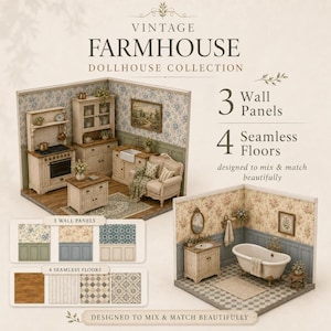 Vintage farmhouse dollhouse printables, 3 wall panels, seamless wood and tile floor patterns