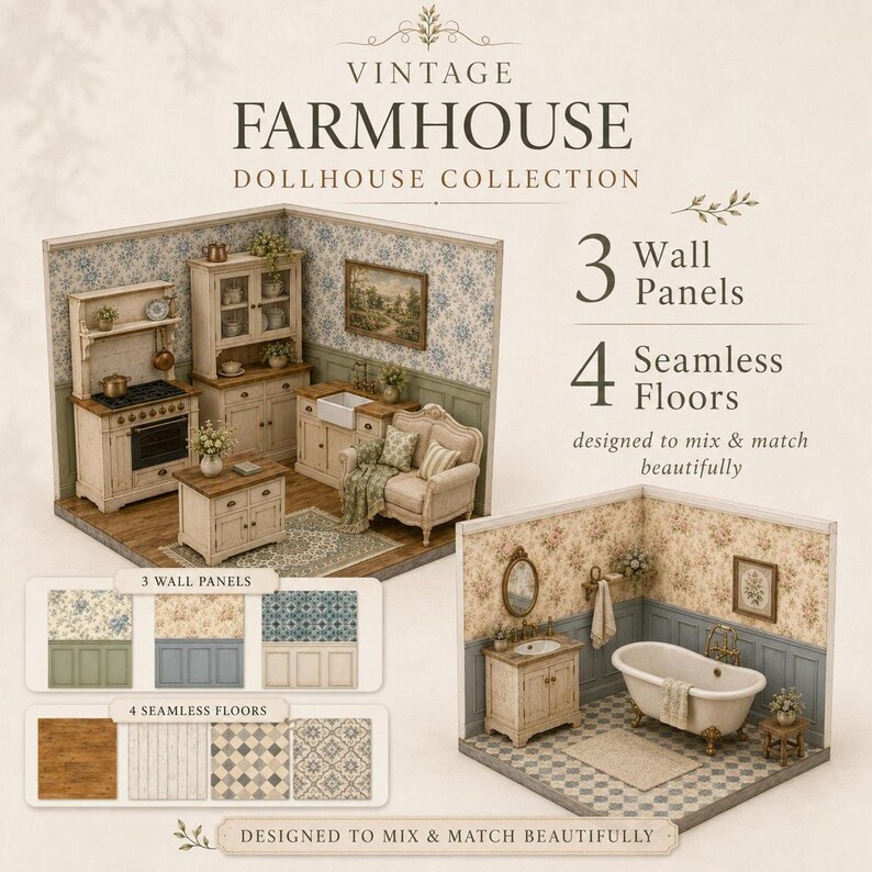 Vintage farmhouse dollhouse printables, 3 wall panels, seamless wood and tile floor patterns