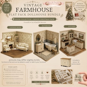 May include: A digital printable flat pack dollhouse bundle featuring a vintage farmhouse theme. Includes three room sets: a lounge, bathroom, and kitchen with furniture, wallpaper, floors, and a bonus Christmas elements pack for DIY assembly.