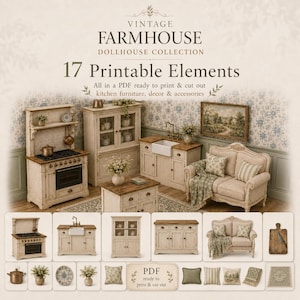 Miniature farmhouse dollhouse decor set, 17 printable elements, stove, cabinets, rugs and signs