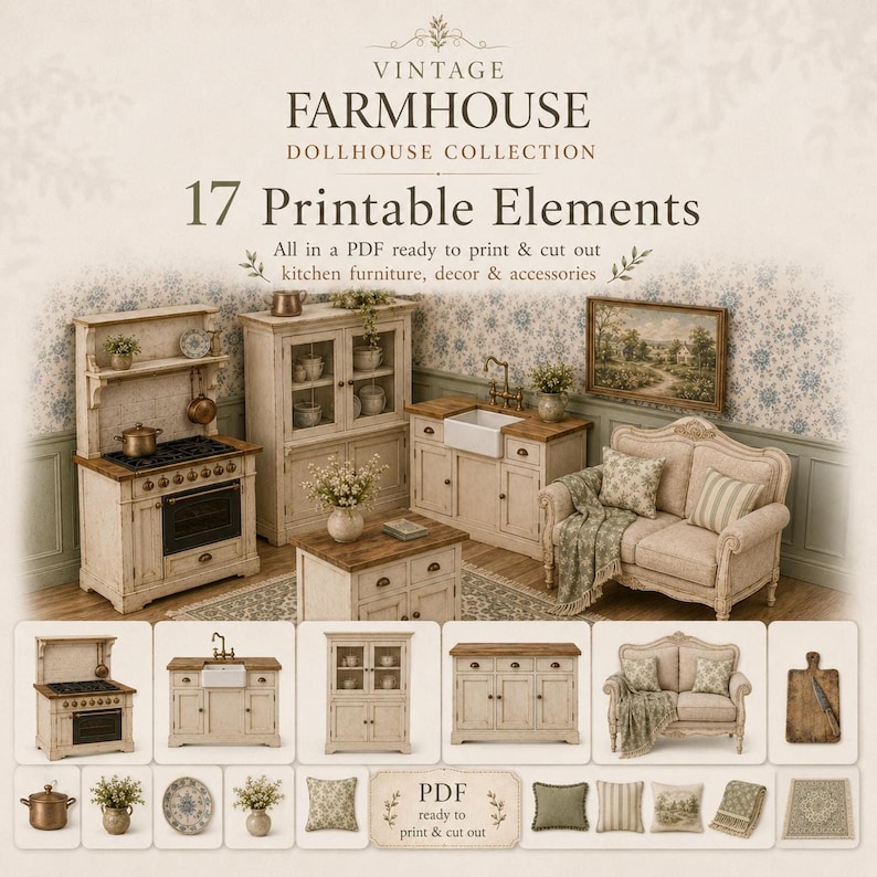 Miniature farmhouse dollhouse decor set, 17 printable elements, stove, cabinets, rugs and signs